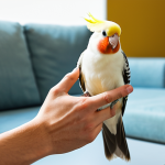 A kind adult, male or female, in modest, comfortable attire, gently interacting with a calm cockatiel. The person is extending a finger for the "step up" command or offering a small piece of millet, with the cockatiel perched confidently on the person's hand. The setting is a bright, calm living room bathed in soft natural light, emphasizing a positive and trusting bond. Professional photography, high detail, vibrant colors, perfect anatomy, correct proportions, natural pose, well-formed hands, proper finger count, natural body proportions. Safe for work, appropriate content, fully clothed, family-friendly.