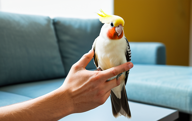 A kind adult, male or female, in modest, comfortable attire, gently interacting with a calm cockatiel. The person is extending a finger for the "step up" command or offering a small piece of millet, with the cockatiel perched confidently on the person's hand. The setting is a bright, calm living room bathed in soft natural light, emphasizing a positive and trusting bond. Professional photography, high detail, vibrant colors, perfect anatomy, correct proportions, natural pose, well-formed hands, proper finger count, natural body proportions. Safe for work, appropriate content, fully clothed, family-friendly.