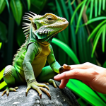 Diverse Iguana Sizes**

A digitally painted scene showcasing a very small, baby spiny-tailed iguana (fully clothed, appropriate attire, safe for work, perfect anatomy, natural proportions, well-formed hands, proper finger count) next to a much larger adult green iguana (fully clothed, modest attire, safe for work, perfect anatomy, natural proportions, well-formed hands, proper finger count). Both are basking on a rock in a natural habitat with lush vegetation. Background: jungle scene. Artistic style: vibrant, realistic. Quality modifiers: high resolution, detailed textures, professional illustration.

**