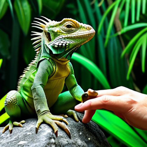 Diverse Iguana Sizes**

A digitally painted scene showcasing a very small, baby spiny-tailed iguana (fully clothed, appropriate attire, safe for work, perfect anatomy, natural proportions, well-formed hands, proper finger count) next to a much larger adult green iguana (fully clothed, modest attire, safe for work, perfect anatomy, natural proportions, well-formed hands, proper finger count). Both are basking on a rock in a natural habitat with lush vegetation. Background: jungle scene. Artistic style: vibrant, realistic. Quality modifiers: high resolution, detailed textures, professional illustration.

**
