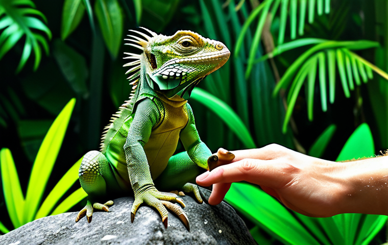 Diverse Iguana Sizes**

A digitally painted scene showcasing a very small, baby spiny-tailed iguana (fully clothed, appropriate attire, safe for work, perfect anatomy, natural proportions, well-formed hands, proper finger count) next to a much larger adult green iguana (fully clothed, modest attire, safe for work, perfect anatomy, natural proportions, well-formed hands, proper finger count). Both are basking on a rock in a natural habitat with lush vegetation. Background: jungle scene. Artistic style: vibrant, realistic. Quality modifiers: high resolution, detailed textures, professional illustration.

**