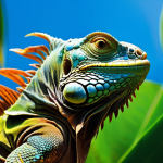 이구아나 행동 특성 - **Prompt:** A vibrant male iguana, with a muscular build and scales shimmering with intense orange a...
