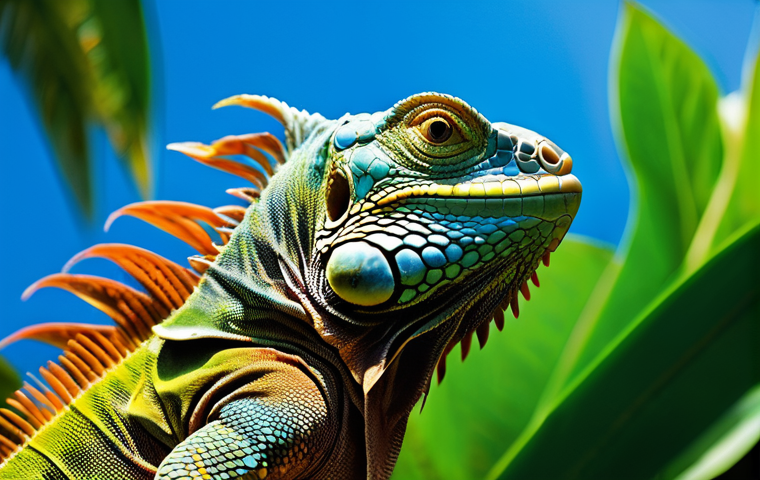이구아나 행동 특성 - **Prompt:** A vibrant male iguana, with a muscular build and scales shimmering with intense orange a...
