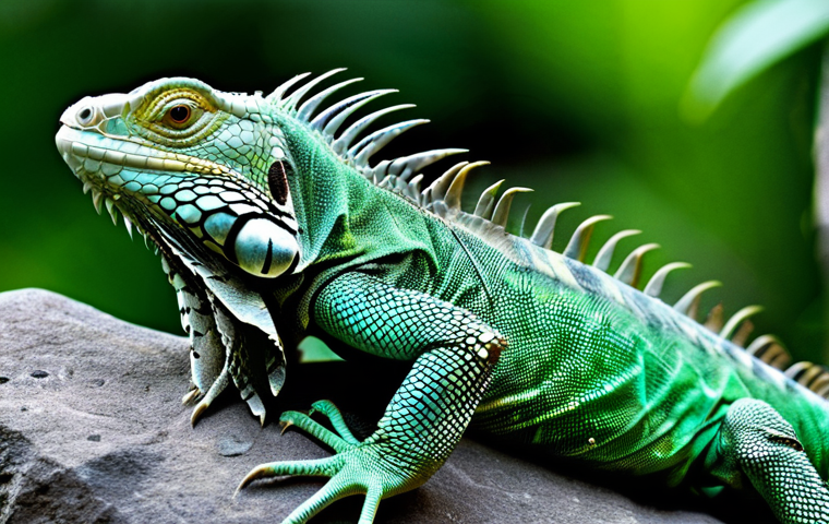 이구아나 행동 특성 - **Prompt:** A vibrant male iguana, with a muscular build and scales shimmering with intense orange a...