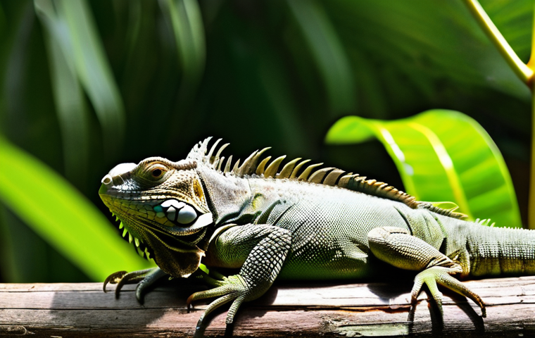 이구아나 행동 특성 - **Prompt:** An adult green iguana, with a resolute and alert expression, is positioned defensively o...