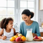 염소 분유 다이어트 효과 - **Prompt:** A vibrant, serene kitchen scene bathed in warm morning light. A diverse group of fully c...