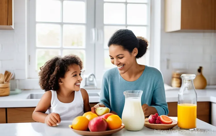 염소 분유 다이어트 효과 - **Prompt:** A vibrant, serene kitchen scene bathed in warm morning light. A diverse group of fully c...