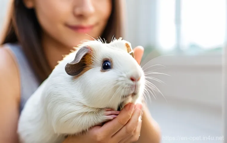 기니피그 암수 구분법 - **Prompt:** A heartwarming and brightly lit close-up image of a responsible pet owner gently holding...
