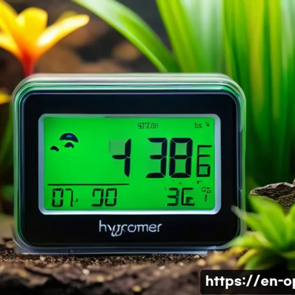 파충류 습도 조절 장비 - A detailed close-up of a modern digital hygrometer placed inside a lush reptile terrarium, displayin...