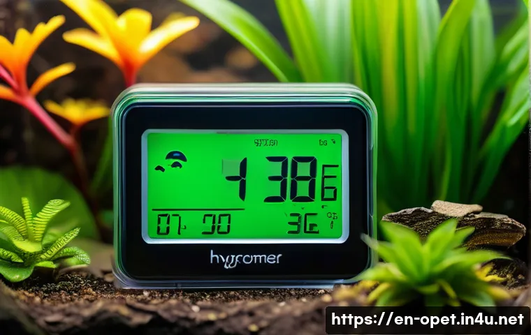 파충류 습도 조절 장비 - A detailed close-up of a modern digital hygrometer placed inside a lush reptile terrarium, displayin...