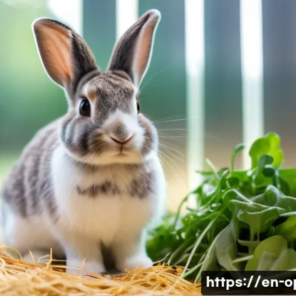 토끼 질병 치료법 - A detailed close-up of a domestic rabbit sitting calmly in a clean, well-ventilated indoor enclosure...