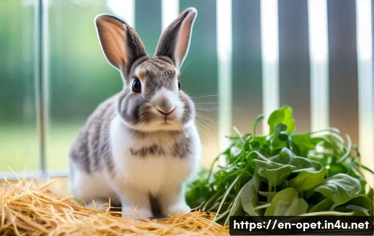 토끼 질병 치료법 - A detailed close-up of a domestic rabbit sitting calmly in a clean, well-ventilated indoor enclosure...
