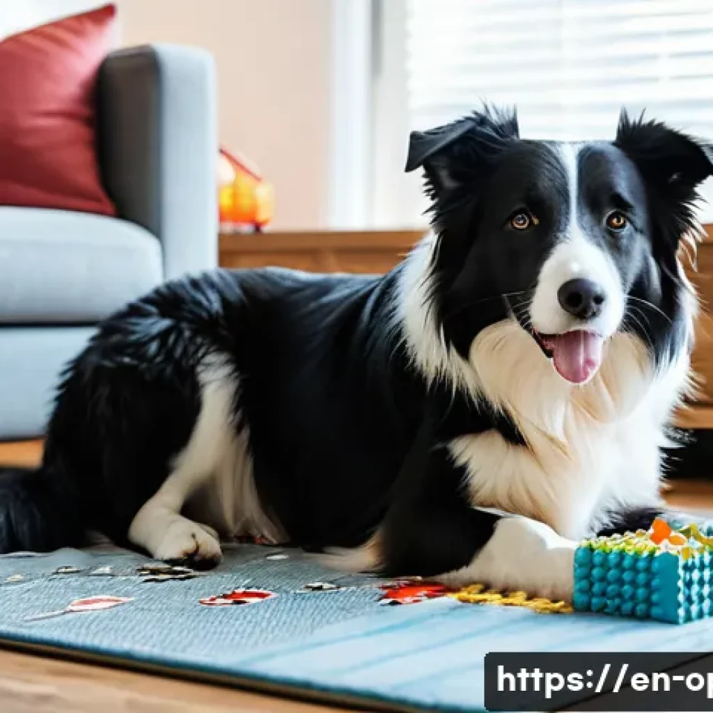 양 분양 시 주의사항 - A cozy indoor scene showing a medium-sized energetic Border Collie wearing a comfortable collar with...