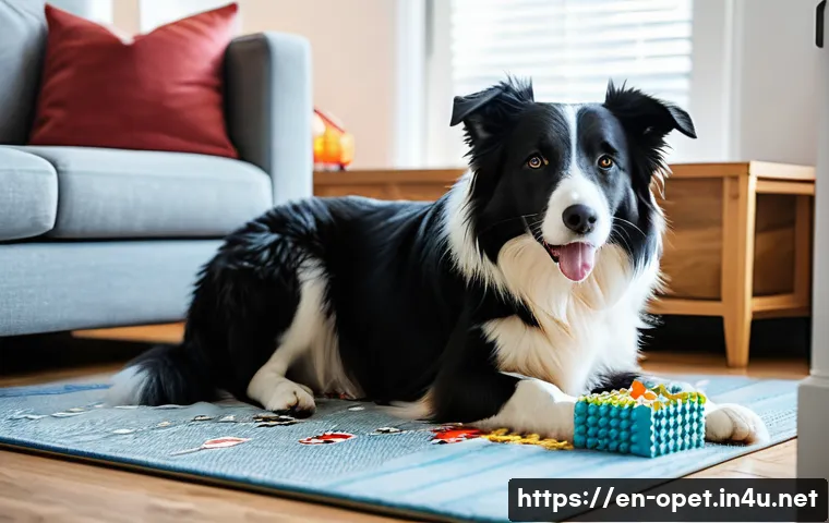 양 분양 시 주의사항 - A cozy indoor scene showing a medium-sized energetic Border Collie wearing a comfortable collar with...