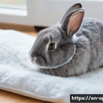 토끼 중성화 수술 - A cozy indoor scene featuring a healthy, calm pet rabbit resting comfortably in a soft bedding-lined...