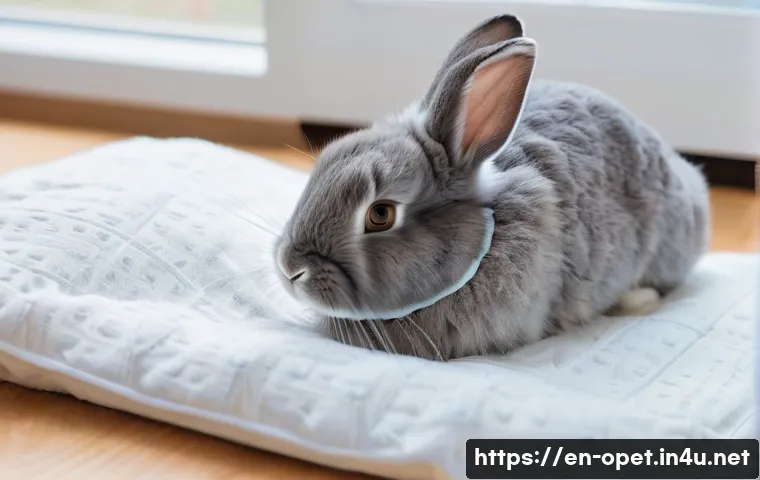 토끼 중성화 수술 - A cozy indoor scene featuring a healthy, calm pet rabbit resting comfortably in a soft bedding-lined...
