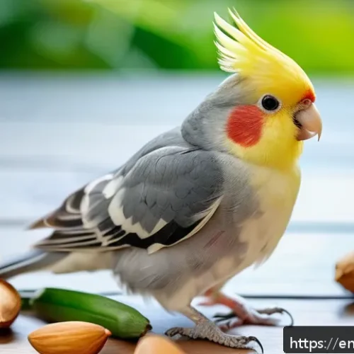칵테일 앵무새 모이 추천 - A vibrant and detailed close-up of a healthy cockatiel perched on a natural wooden branch inside a b...