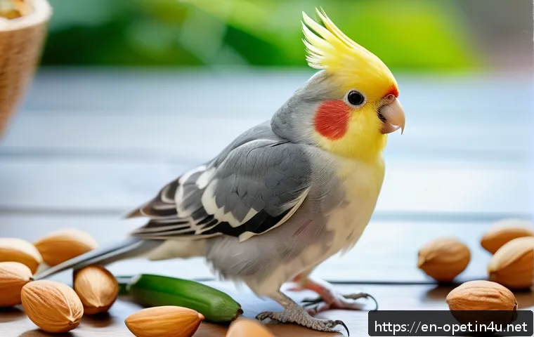 칵테일 앵무새 모이 추천 - A vibrant and detailed close-up of a healthy cockatiel perched on a natural wooden branch inside a b...