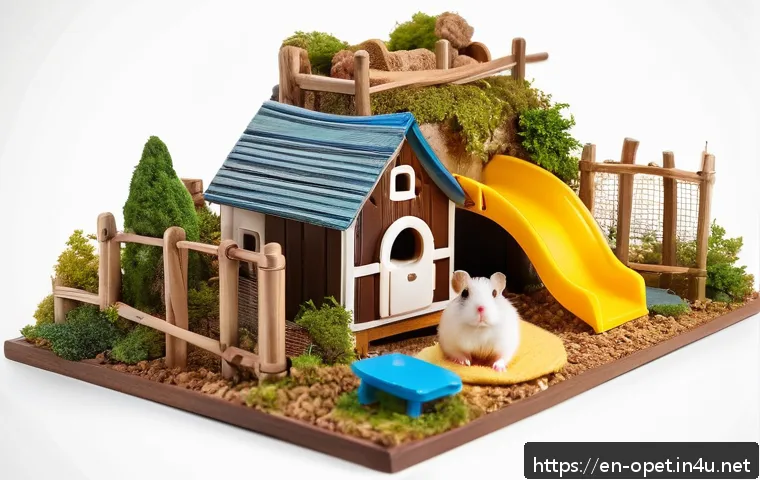 햄스터 사회성 강화법 - A cozy, spacious hamster habitat designed to resemble a natural environment, featuring multiple tunn...