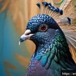 비둘기 품종별 특징 - A close-up portrait of a Jacobin pigeon showcasing its intricate feather hood around the head, with ...