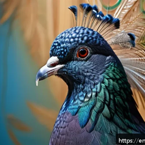비둘기 품종별 특징 - A close-up portrait of a Jacobin pigeon showcasing its intricate feather hood around the head, with ...