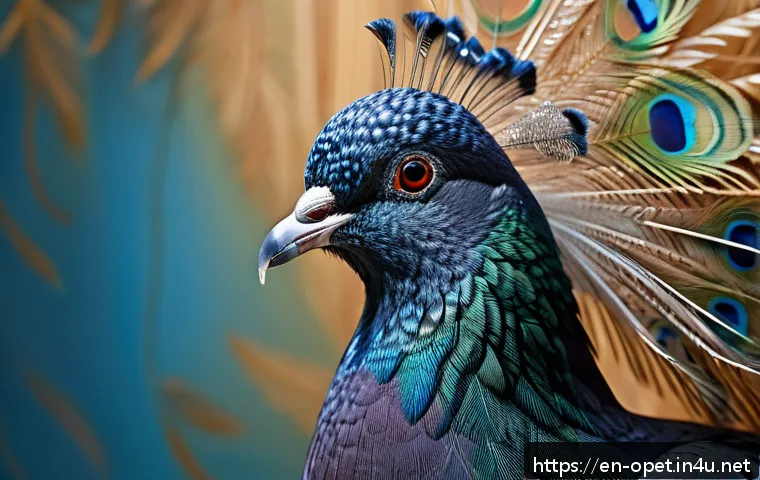 비둘기 품종별 특징 - A close-up portrait of a Jacobin pigeon showcasing its intricate feather hood around the head, with ...