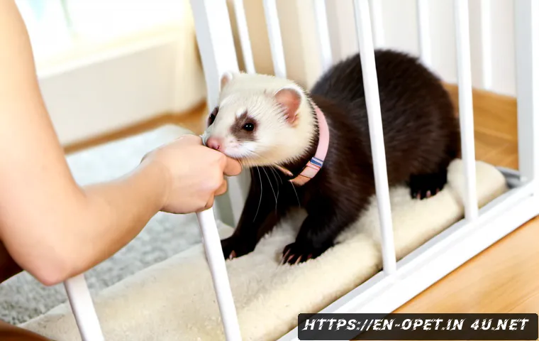 페럿 사회성 훈련 - Photorealistic indoor pet training scene, a calm adult ferret wearing a small soft harness cautiousl...
