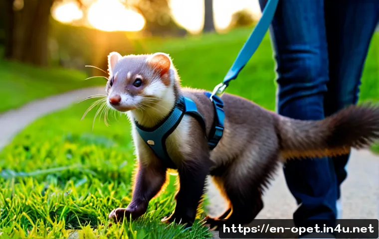 Home 17 페럿 산책 리드줄 추천 - Photorealistic close-up of a curious pet ferret wearing a secure soft mesh harness with a lightweigh...